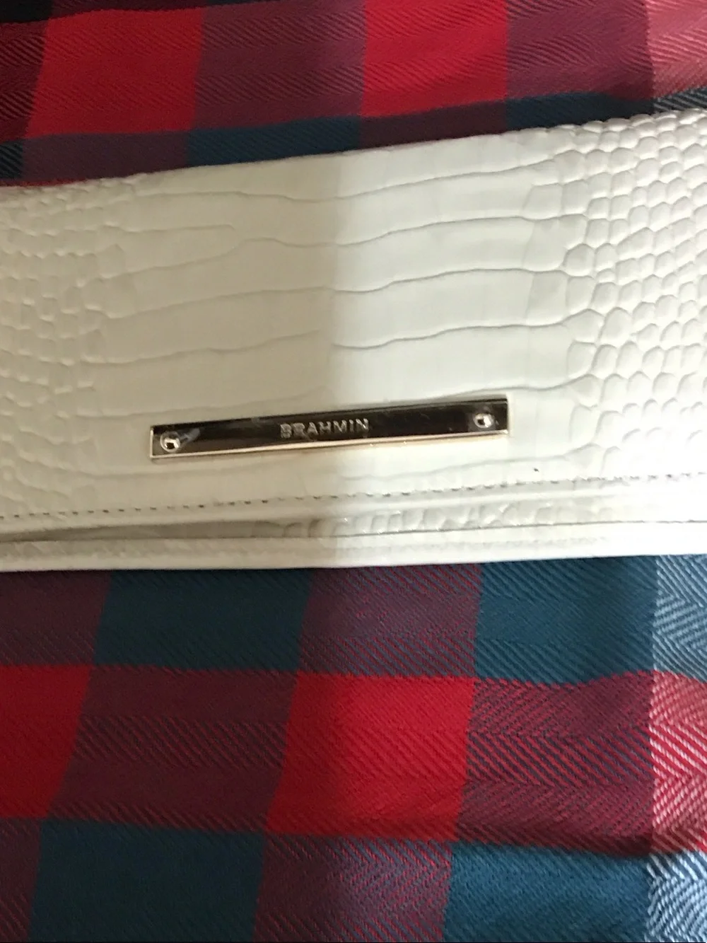Brahmin White Croc-Embossed Foldover Clutch with Gold Plate